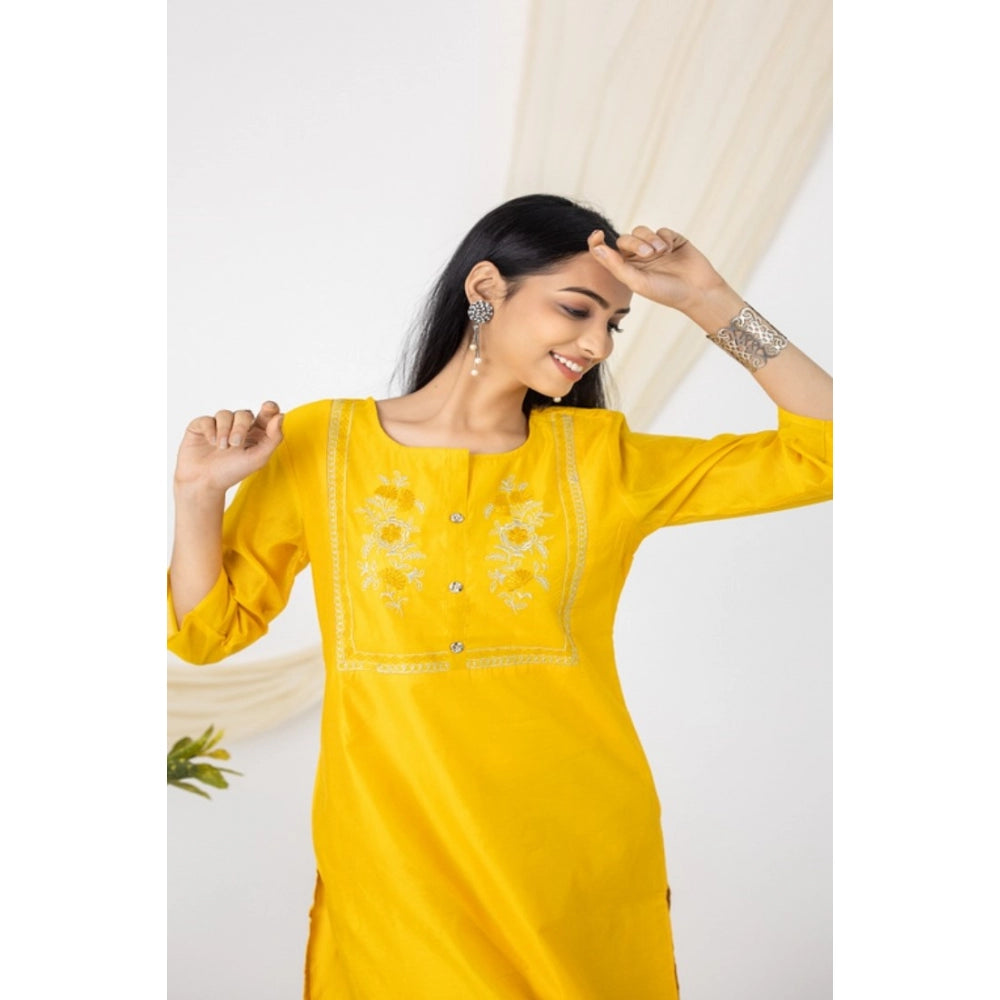 Generic Women's Casual 3/4 Sleeve Chanderi Printed Kurti (Yellow)