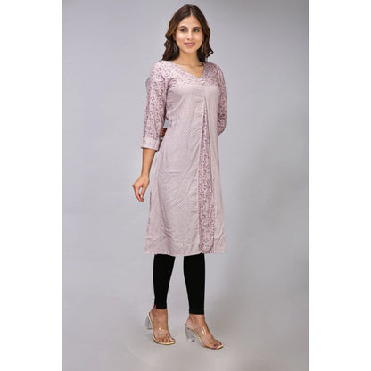 Generic Women's Casual 3/4 Sleeve Viscose Rayon Printed Kurti (Grey)