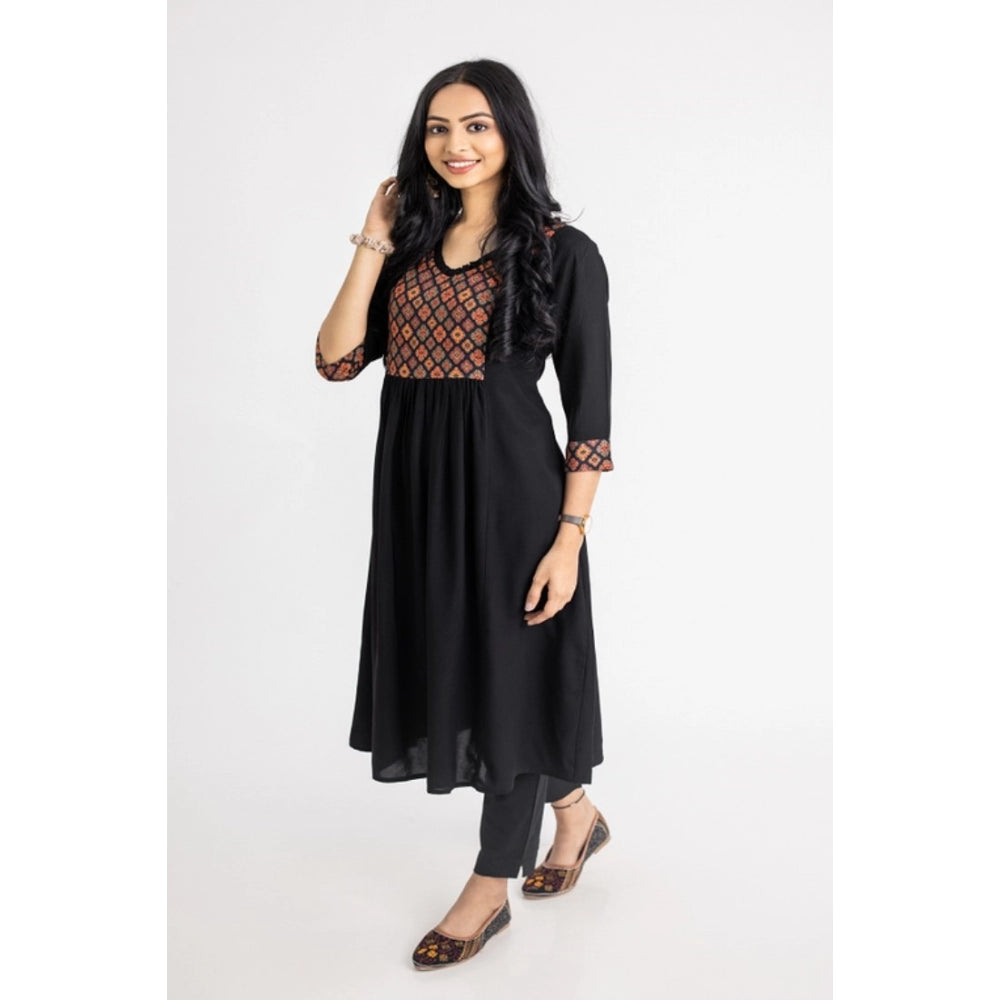 Generic Women's Casual 3/4 Sleeve Viscose Rayon Printed Kurti (Black)