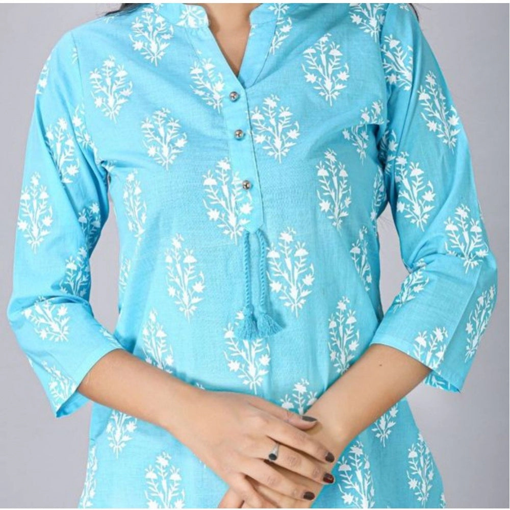 Generic Women's Casual 3/4 Sleeve Cotton Blend Printed Kurti (Light Blue)