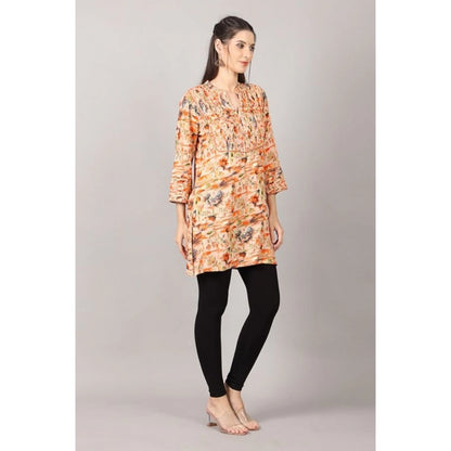 Generic Women's Casual 3/4 Sleeve Viscose Rayon Printed Kurti (Orange)