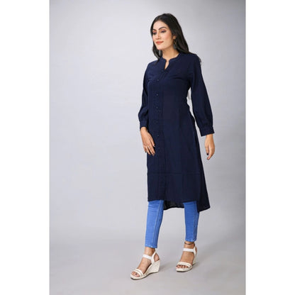 Generic Women's Casual Full Sleeve Viscose Rayon Printed Kurti (Dark Blue)