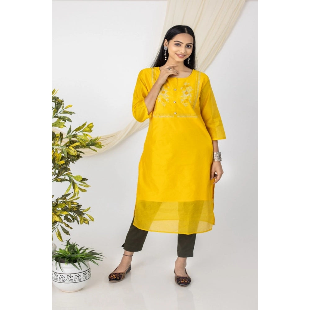 Generic Women's Casual 3/4 Sleeve Chanderi Printed Kurti (Yellow)