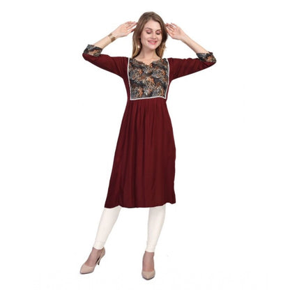 Generic Women's Casual 3/4 Sleeve Viscose Rayon Printed Kurti (Brown)