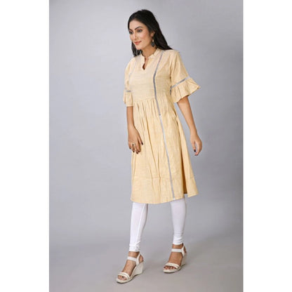 Generic Women's Casual Short Sleeve Silk Blend Printed Kurti (Beige)