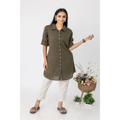 Generic Women's Casual 3/4 Sleeve Viscose Rayon Solid Kurti (Dark Green)