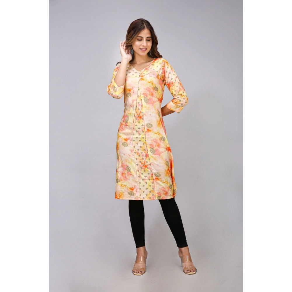 Generic Women's Casual 3/4 Sleeve Viscose Rayon Printed Kurti (Orange)