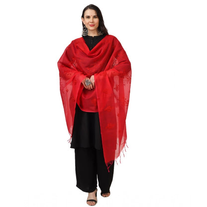 Generic Women's Cotton Embroidered Dupatta (Red, Length: 2.25 to 2.50 Mtr)