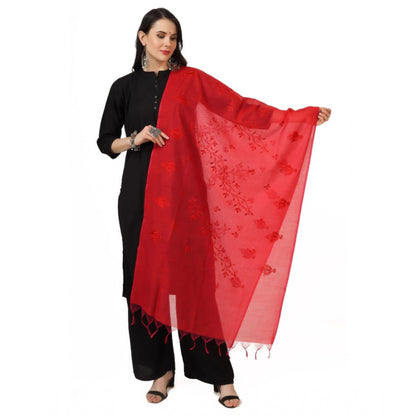 Generic Women's Cotton Embroidered Dupatta (Red, Length: 2.25 to 2.50 Mtr)