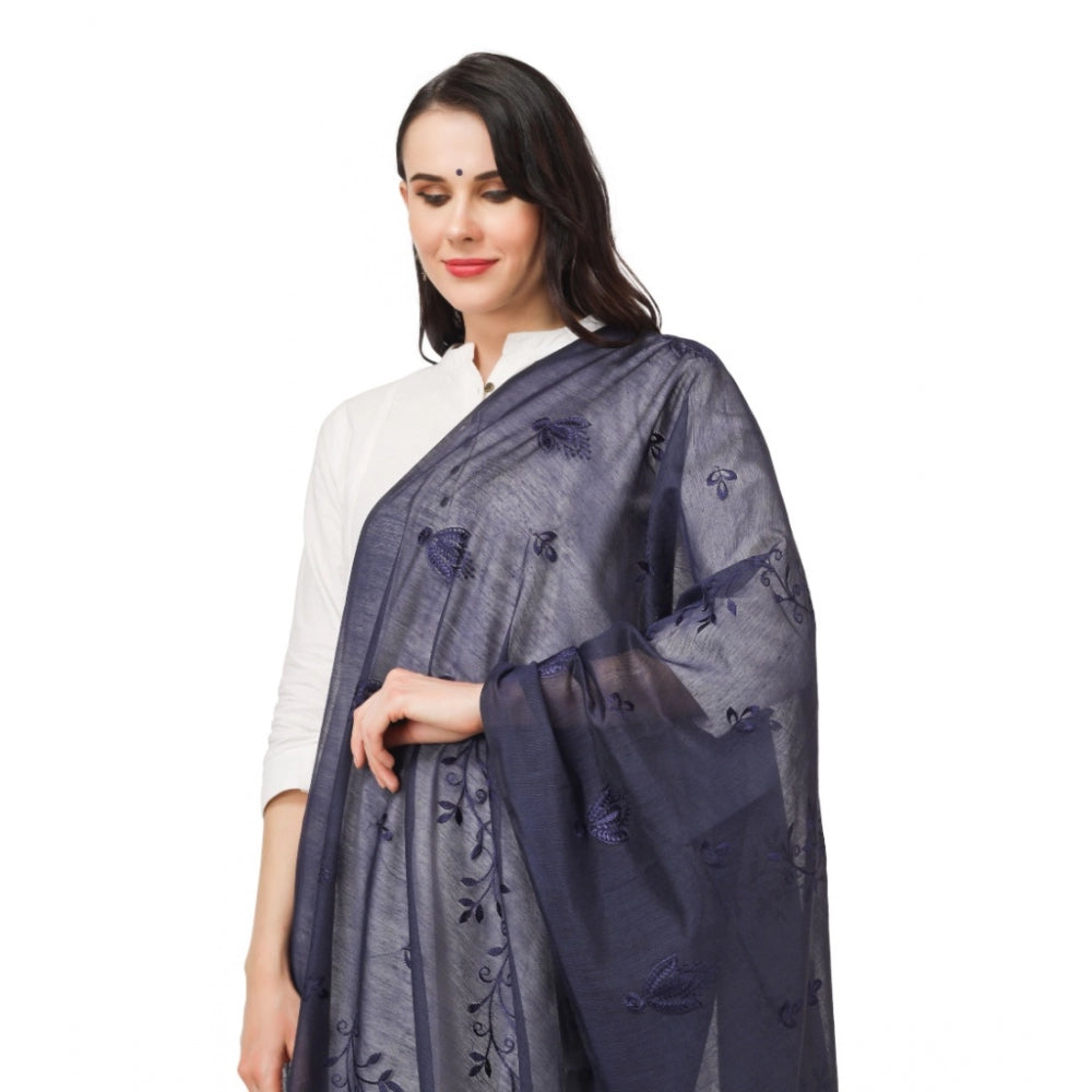 Generic Women's Cotton Embroidered Dupatta (Dark Blue, Length: 2.25 to 2.50 Mtr)