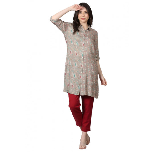 Generic Women's Casual 3/4 Sleeve Viscose Rayon Printed Kurti (Grey)