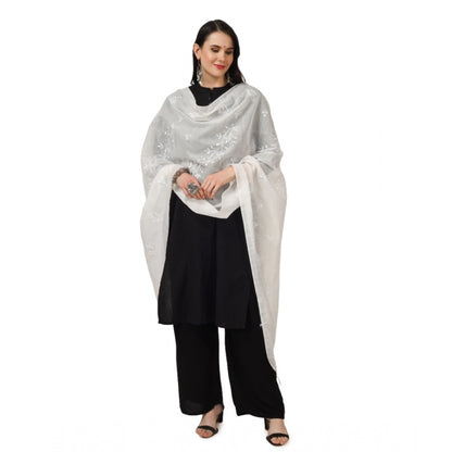 Generic Women's Cotton Embroidered Dupatta (White, Length: 2.25 to 2.50 Mtr)