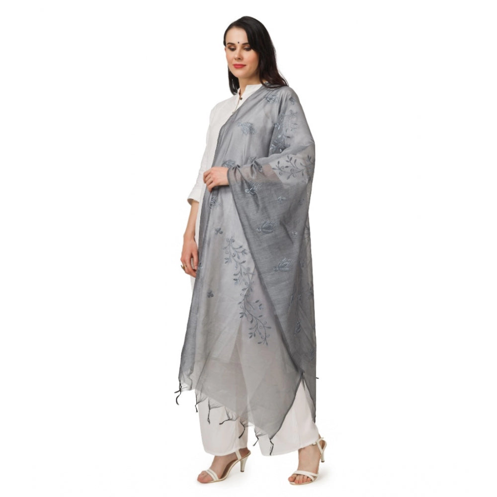 Generic Women's Cotton Embroidered Dupatta (Grey, Length: 2.25 to 2.50 Mtr)