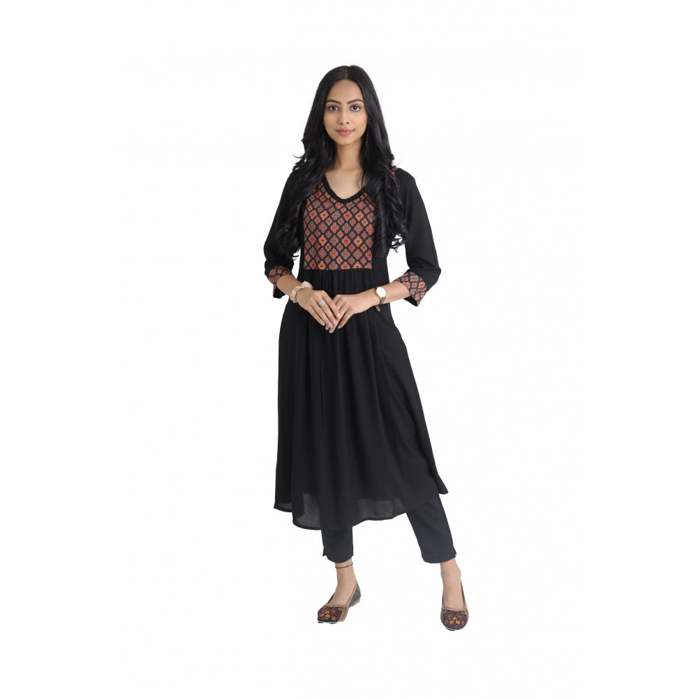 Generic Women's Casual 3/4 Sleeve Viscose Rayon Printed Kurti (Black)