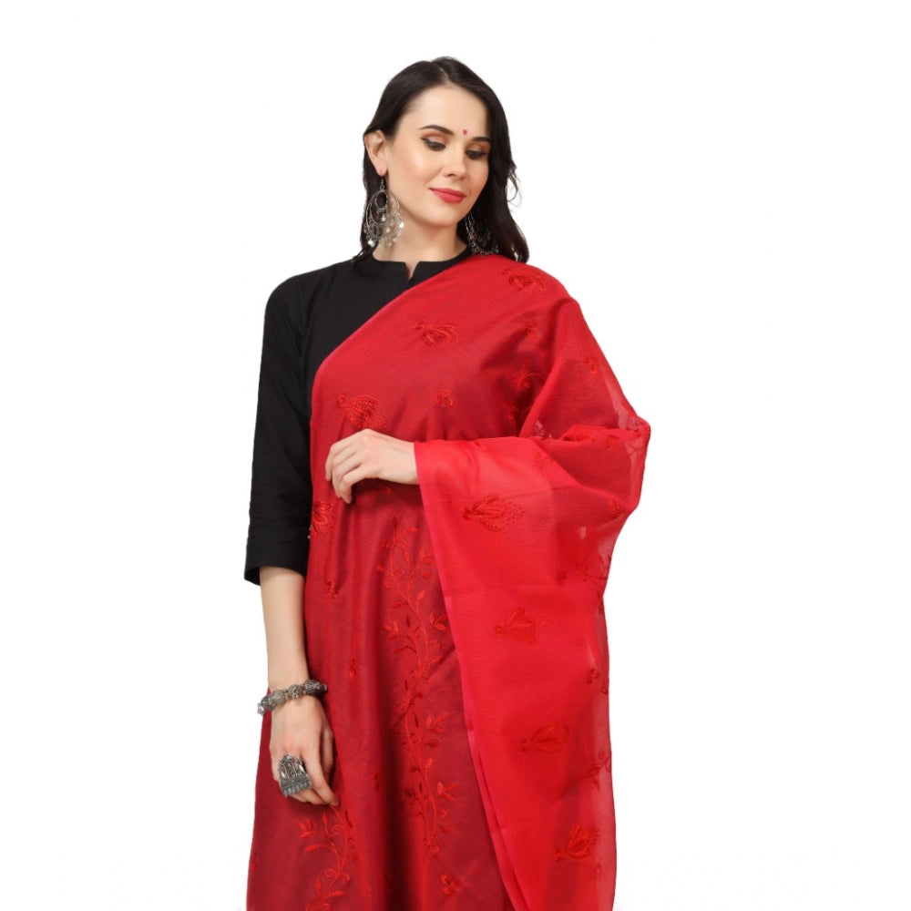 Generic Women's Cotton Embroidered Dupatta (Red, Length: 2.25 to 2.50 Mtr)