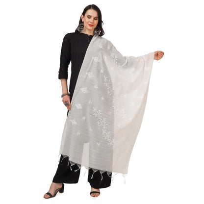 Generic Women's Cotton Embroidered Dupatta (White, Length: 2.25 to 2.50 Mtr)