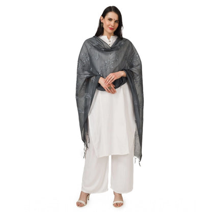 Generic Women's Cotton Embroidered Dupatta (Grey, Length: 2.25 to 2.50 Mtr)