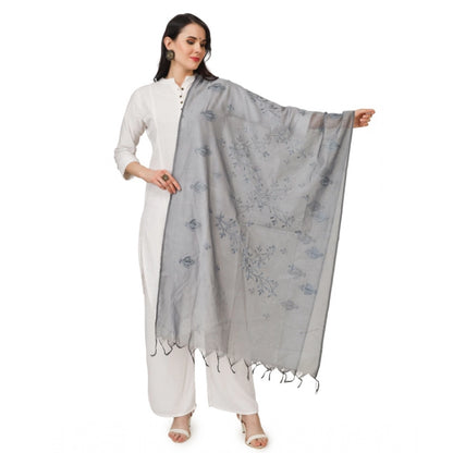 Generic Women's Cotton Embroidered Dupatta (Grey, Length: 2.25 to 2.50 Mtr)