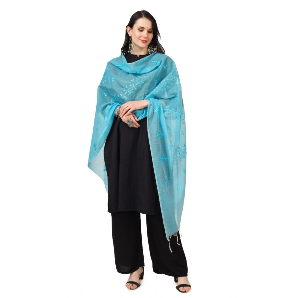 Generic Women's Cotton Embroidered Dupatta (Aqua Blue, Length: 2.25 to 2.50 Mtr)