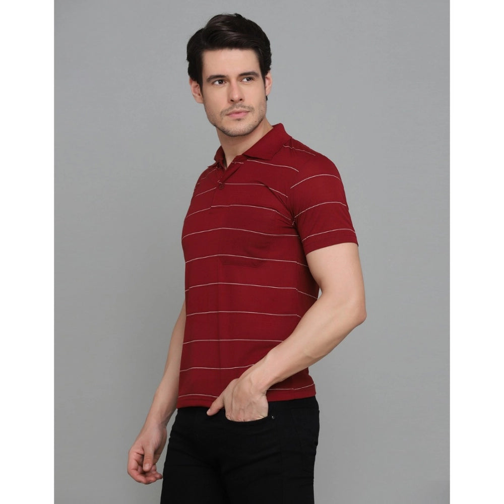 Generic Men's Casual Half Sleeve Striped Cotton Blended Polo Neck T-shirt (Maroon)