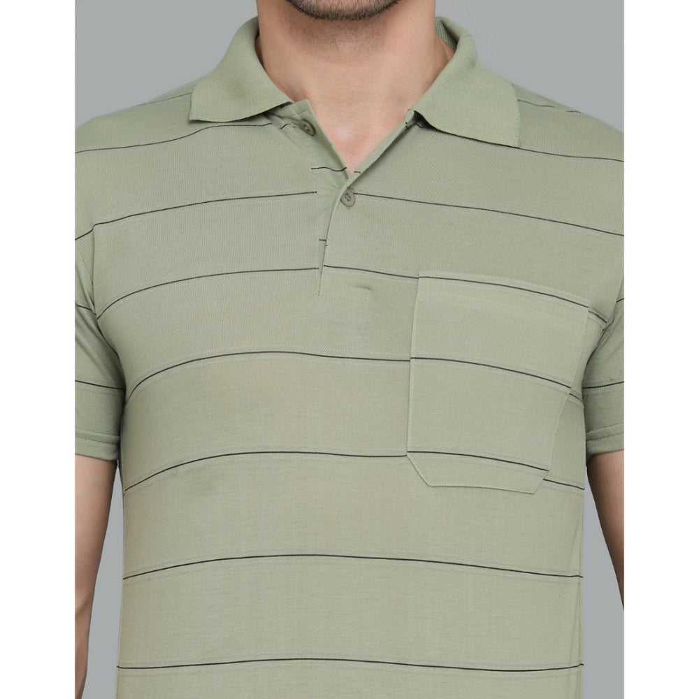 Generic Men's Casual Half Sleeve Striped Cotton Blended Polo Neck T-shirt (L.Green)