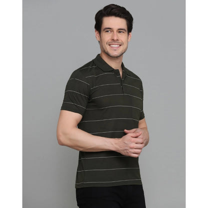 Generic Men's Casual Half Sleeve Striped Cotton Blended Polo Neck T-shirt (Green)