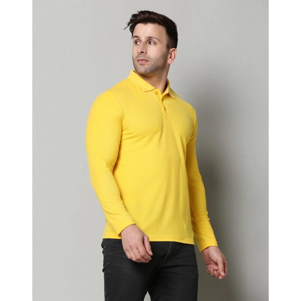 Generic Men's Casual Full Sleeve Solid Cotton Blended Polo Neck T-shirt (Yellow)