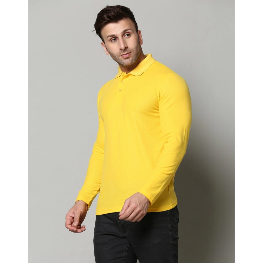 Generic Men's Casual Full Sleeve Solid Cotton Blended Polo Neck T-shirt (Yellow)