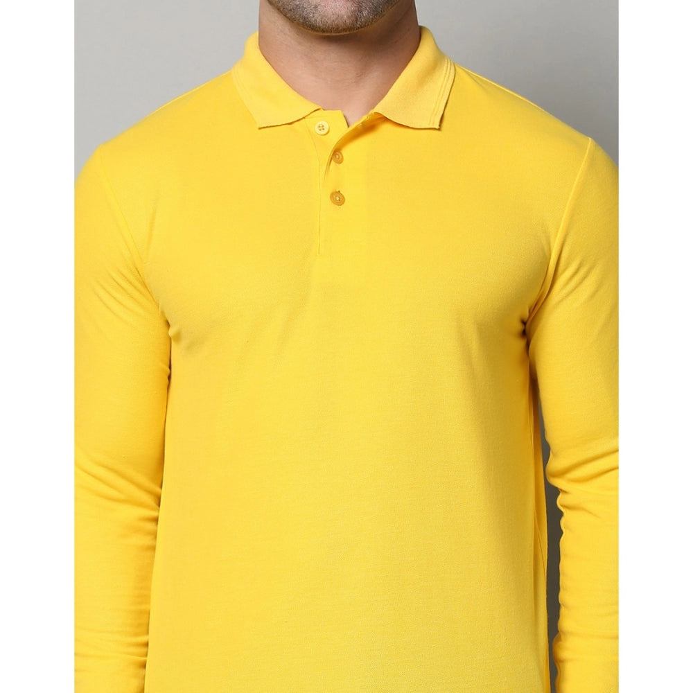 Generic Men's Casual Full Sleeve Solid Cotton Blended Polo Neck T-shirt (Yellow)