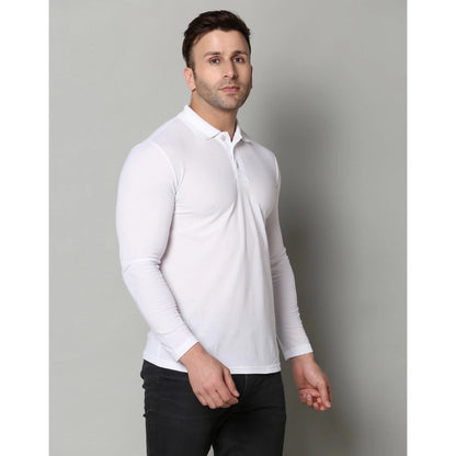 Generic Men's Casual Full Sleeve Solid Cotton Blended Polo Neck T-shirt (White)