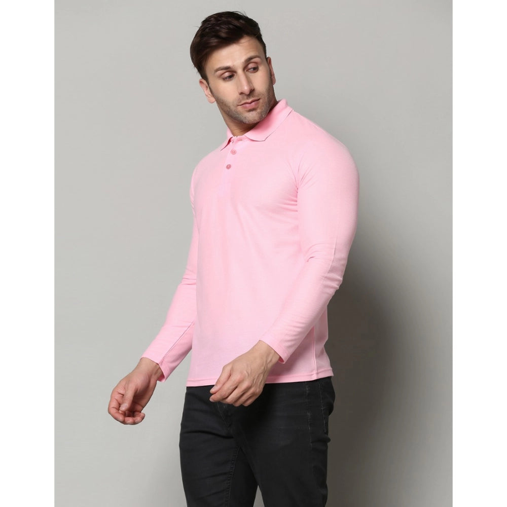 Generic Men's Casual Full Sleeve Solid Cotton Blended Polo Neck T-shirt (Pink)