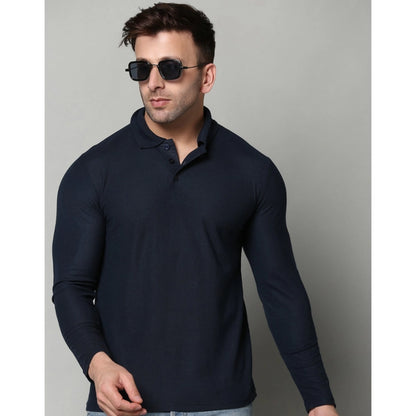 Generic Men's Casual Full Sleeve Solid Cotton Blended Polo Neck T-shirt (Navy)