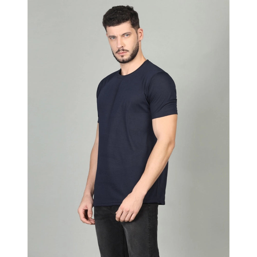 Generic Men's Casual Half Sleeve Solid Cotton Blended Round Neck T-shirt (Dark Blue)