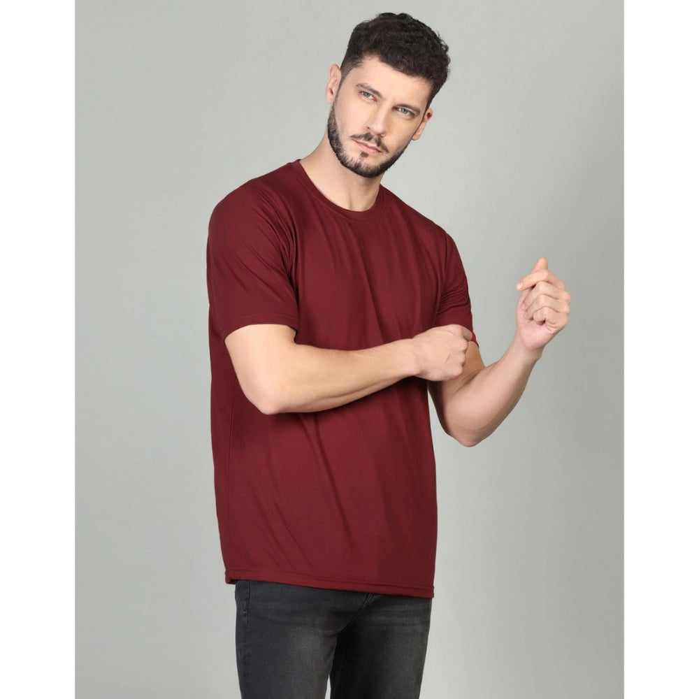 Generic Men's Casual Half Sleeve Solid Cotton Blended Round Neck T-shirt (Maroon)