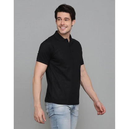 Generic Men's Casual Half Sleeve Solid Cotton Blended Polo Neck T-shirt (Black)