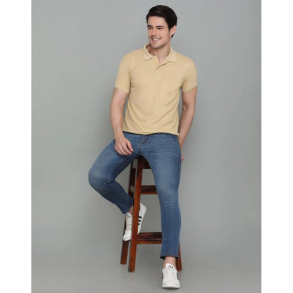 Generic Men's Casual Half Sleeve Solid Cotton Blended Polo Neck T-shirt (Beige)