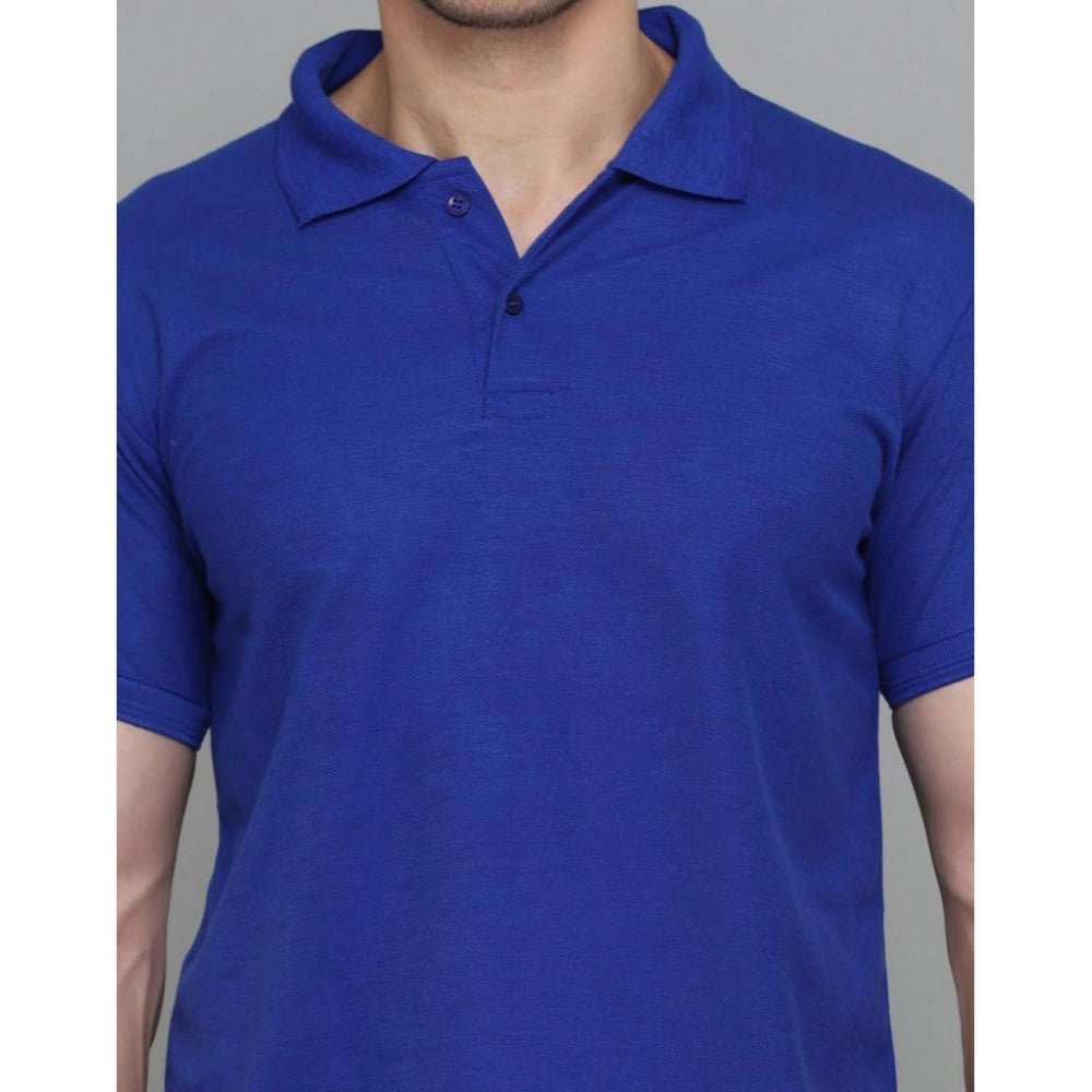 Generic Men's Casual Half Sleeve Solid Cotton Blended Polo Neck T-shirt (Blue)