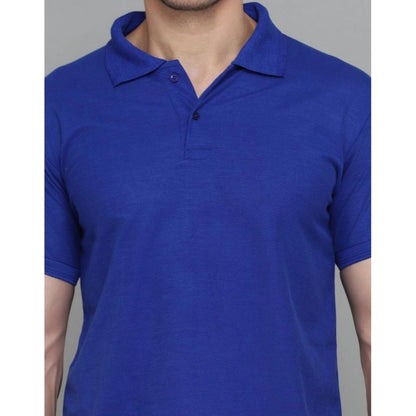 Generic Men's Casual Half Sleeve Solid Cotton Blended Polo Neck T-shirt (Blue)