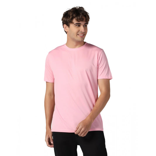 Generic Men's Casual Half Sleeve Solid Polyester Round Neck T-shirt (Pink)