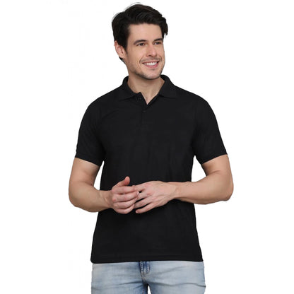 Generic Men's Casual Half Sleeve Solid Cotton Blended Polo Neck T-shirt (Black)