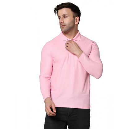 Generic Men's Casual Full Sleeve Solid Cotton Blended Polo Neck T-shirt (Pink)