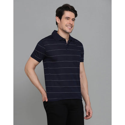 Generic Men's Casual Half Sleeve Striped Cotton Blended Polo Neck T-shirt (Navy)