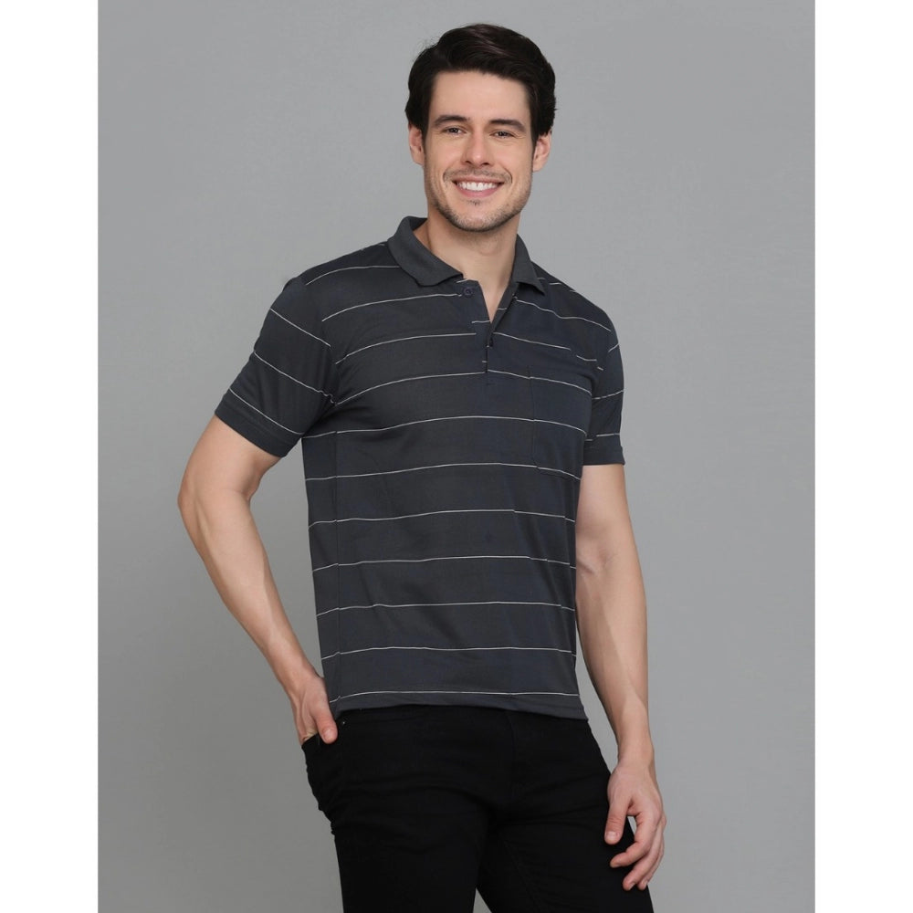 Generic Men's Casual Half Sleeve Striped Cotton Blended Polo Neck T-shirt (Grey)