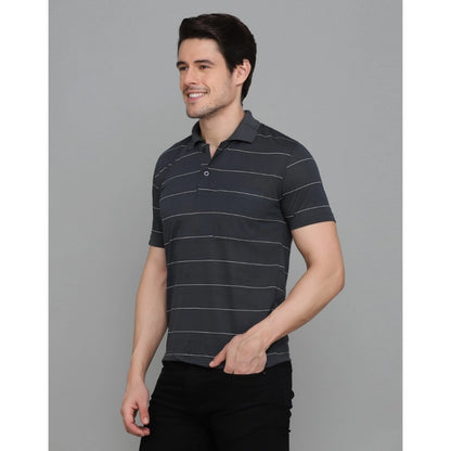 Generic Men's Casual Half Sleeve Striped Cotton Blended Polo Neck T-shirt (Grey)