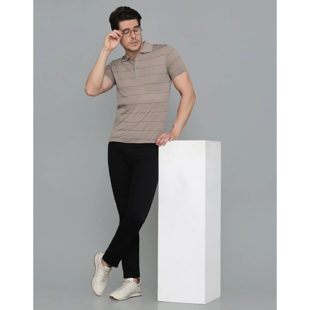 Generic Men's Casual Half Sleeve Striped Cotton Blended Polo Neck T-shirt (Beige)