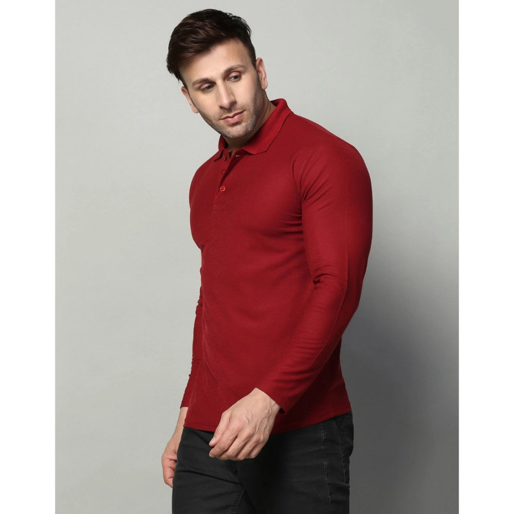 Generic Men's Casual Full Sleeve Solid Cotton Blended Polo Neck T-shirt (Maroon)