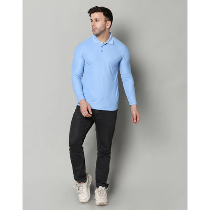 Generic Men's Casual Full Sleeve Solid Cotton Blended Polo Neck T-shirt (Sky)