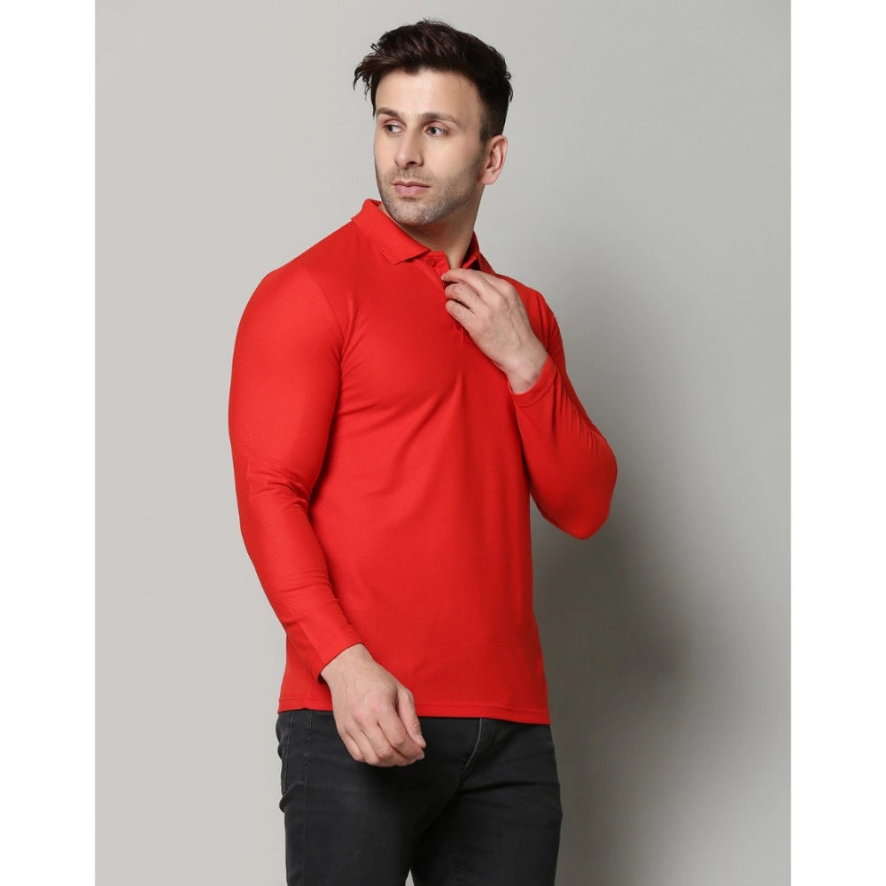 Generic Men's Casual Full Sleeve Solid Cotton Blended Polo Neck T-shirt (Red)