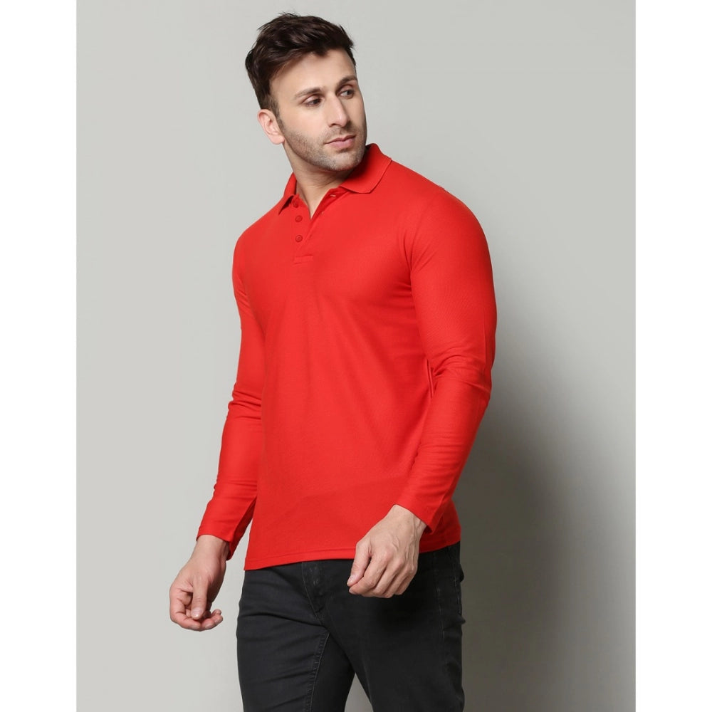 Generic Men's Casual Full Sleeve Solid Cotton Blended Polo Neck T-shirt (Red)