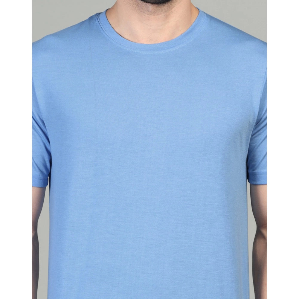 Generic Men's Casual Half Sleeve Solid Cotton Blended Round Neck T-shirt (Sky)